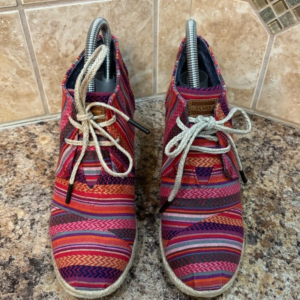 Toms Mexican Serape Blanket Hemp Linen Espadrille Wedge Ankle Booties Si…